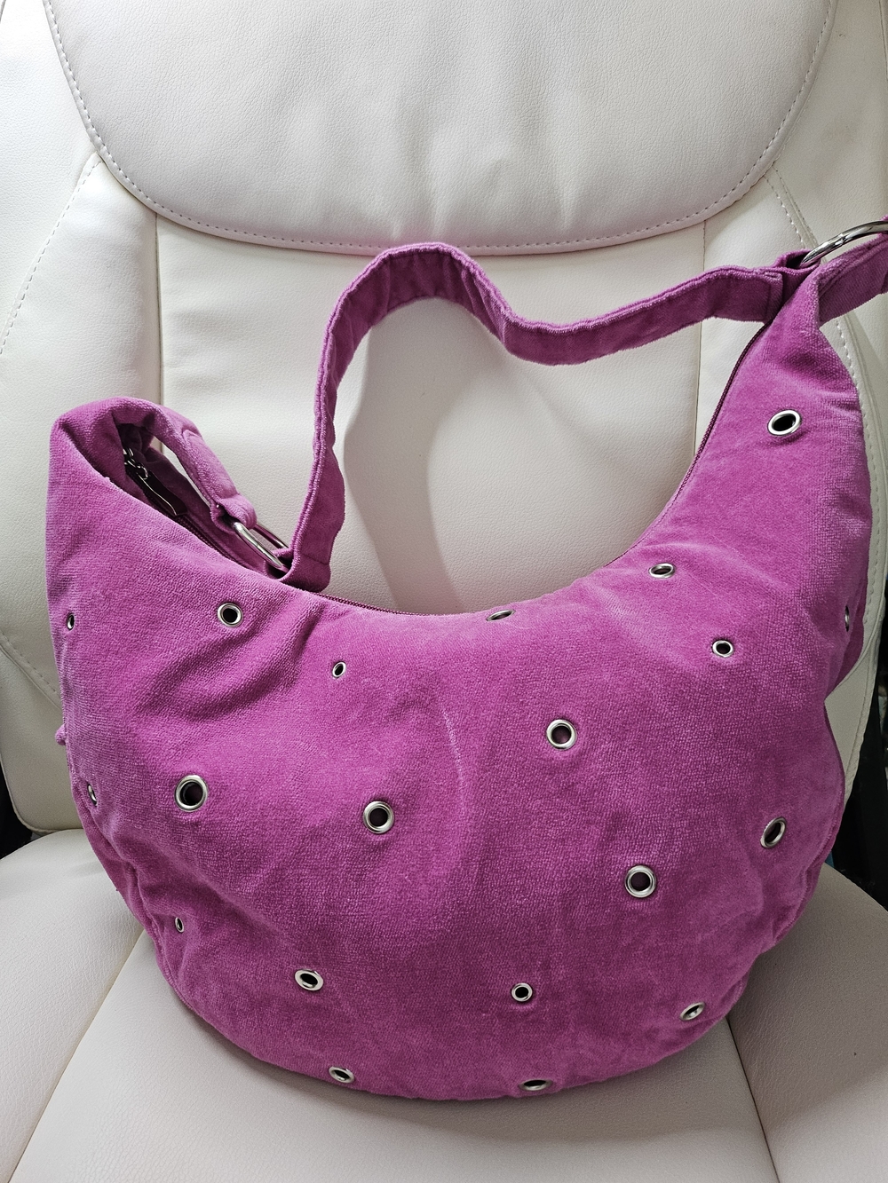 Suede-Effect Hobo Bag in Fuchsia with Eyelet Detail